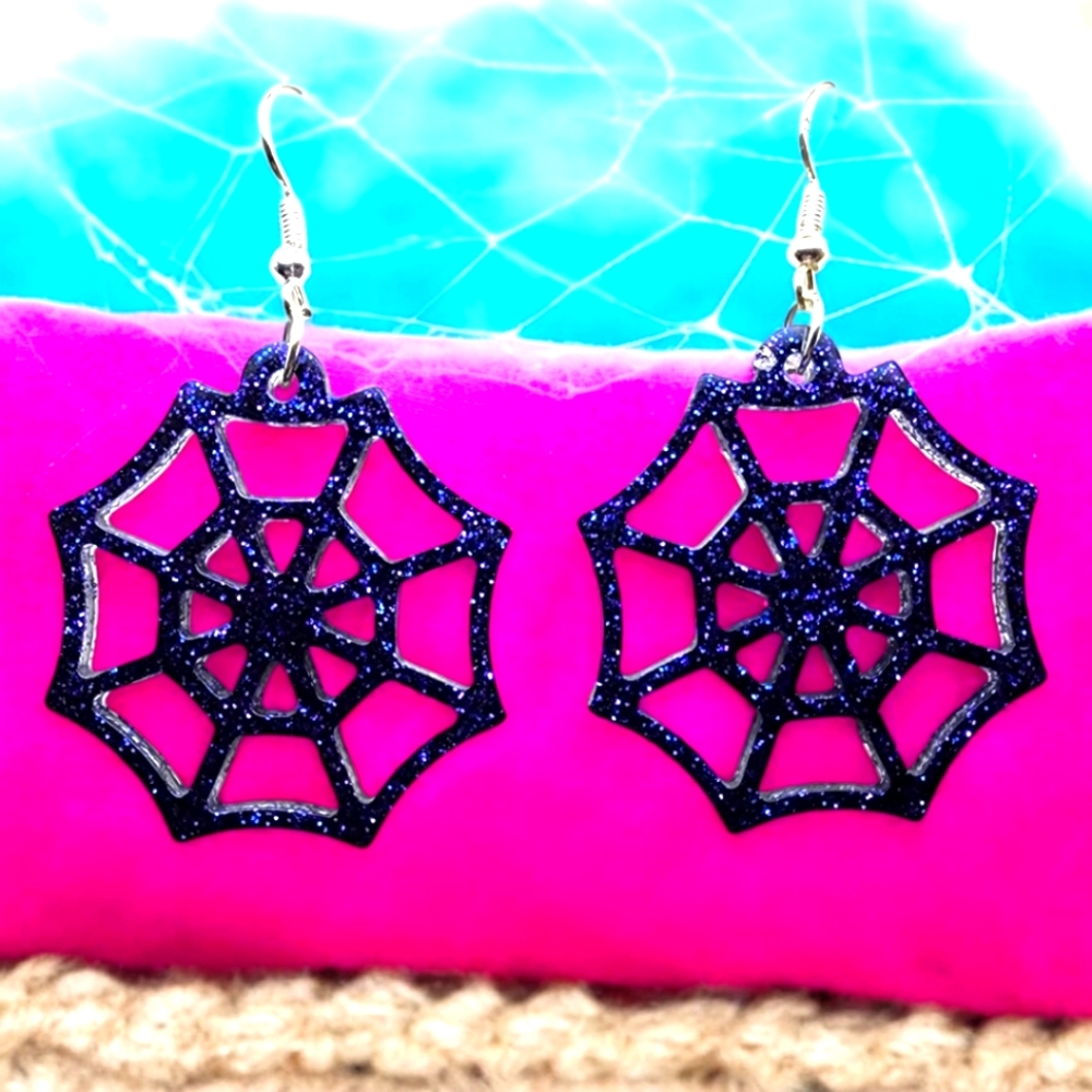 Handmade Resin Purple Glitter Spider Web Earrings